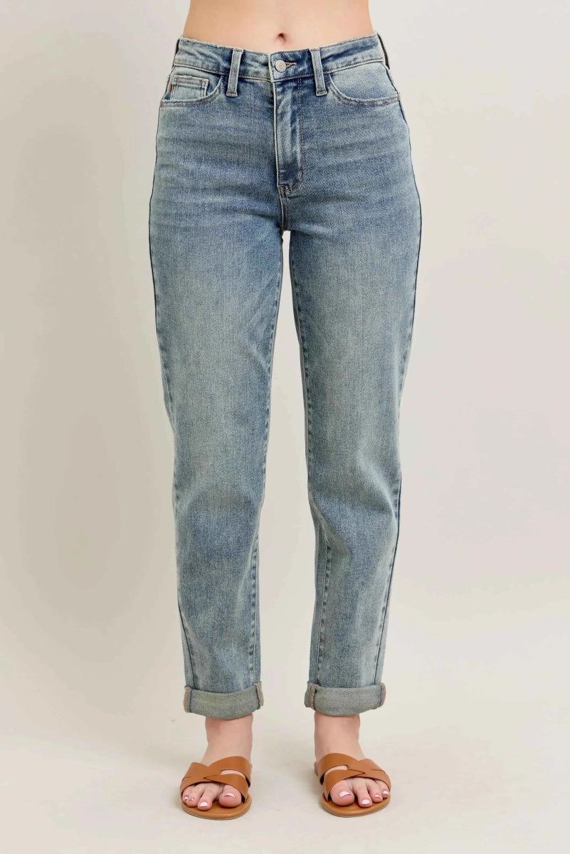 Judy Blue Plus Size High-Waist Vintage Wash Double Roll Cuff Jeans.