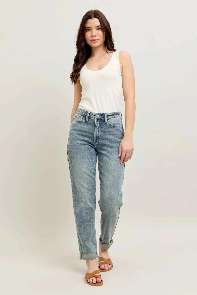 Judy Blue Plus Size High-Waist Vintage Wash Double Roll Cuff Jeans.