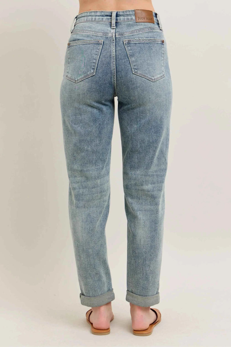 Judy Blue Plus Size High-Waist Vintage Wash Double Roll Cuff Jeans.