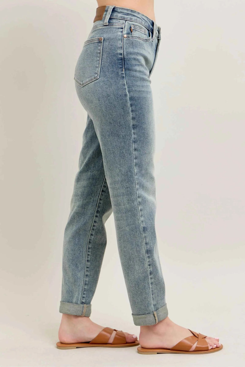 Judy Blue Plus Size High-Waist Vintage Wash Double Roll Cuff Jeans.