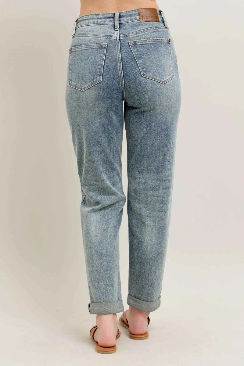 Judy Blue Plus Size High-Waist Vintage Wash Double Roll Cuff Jeans.