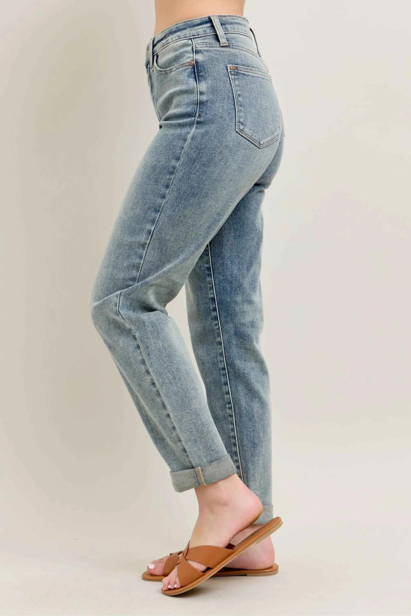 Judy Blue Plus Size High-Waist Vintage Wash Double Roll Cuff Jeans.