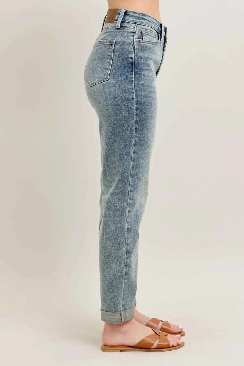 Judy Blue Plus Size High-Waist Vintage Wash Double Roll Cuff Jeans.
