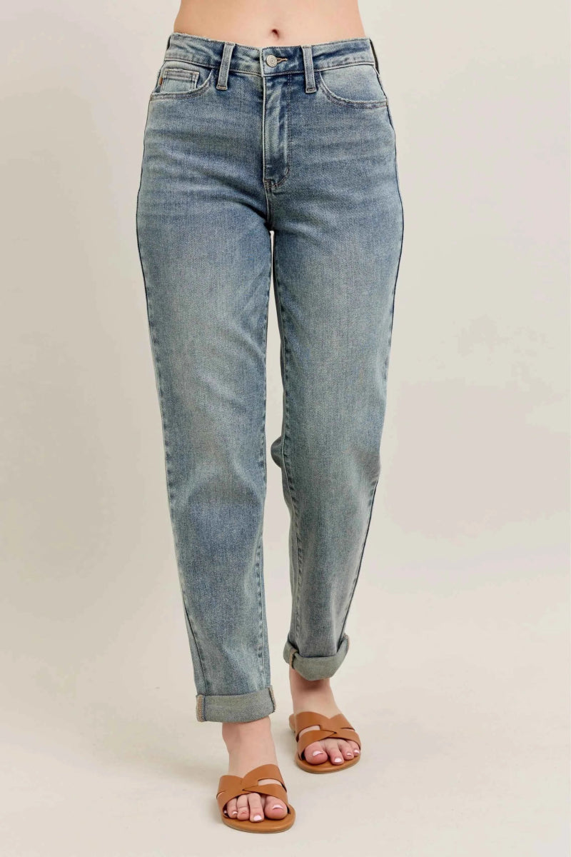Judy Blue Plus Size High-Waist Vintage Wash Double Roll Cuff Jeans.