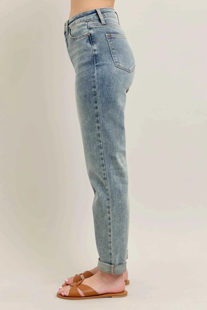 Judy Blue Plus Size High-Waist Vintage Wash Double Roll Cuff Jeans.