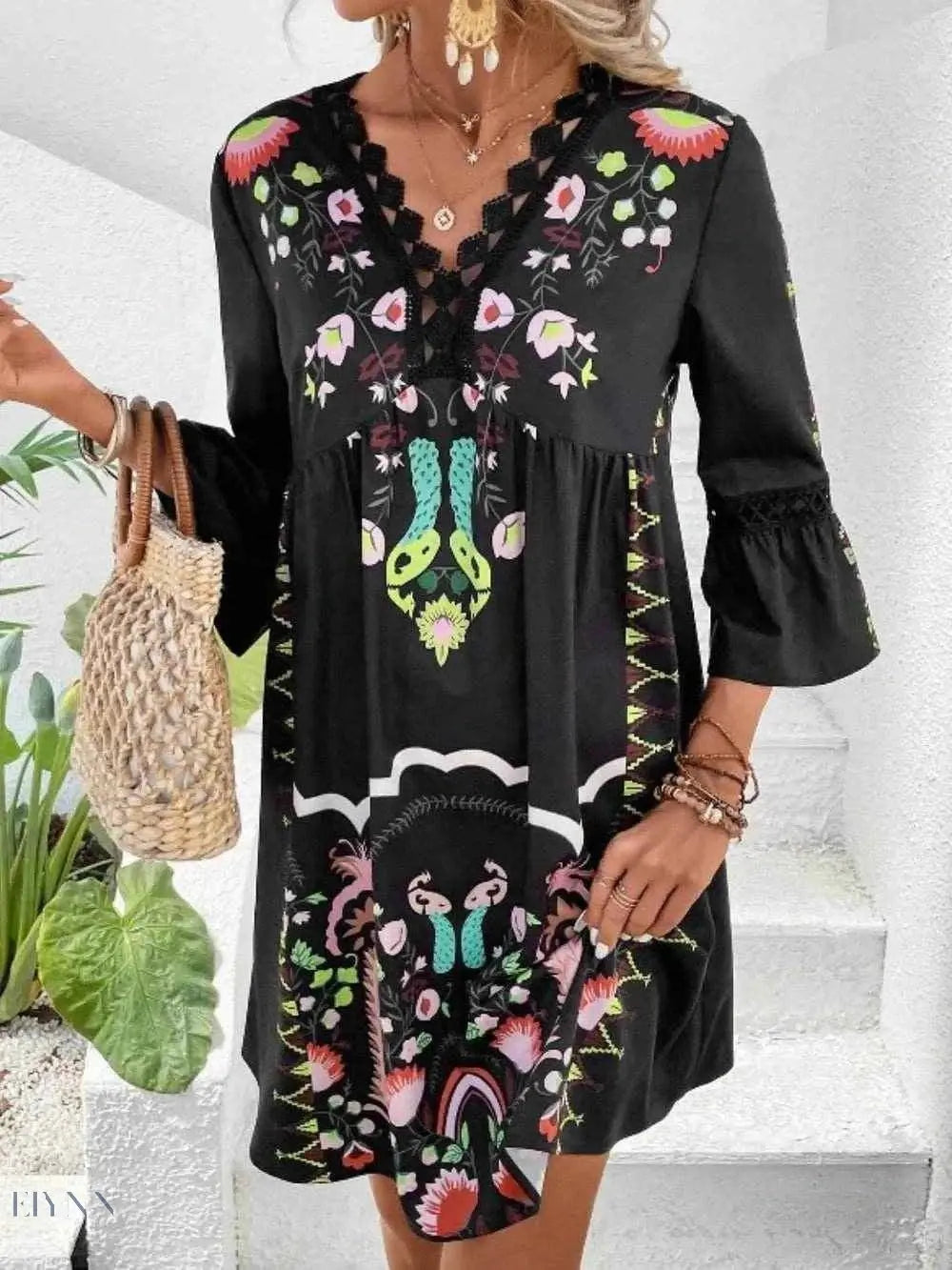 Lace Detail Floral Dress for Women in Boho Style - EBYNN