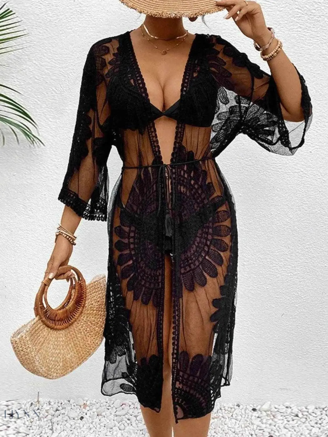 Lace Longline Cover Up Sheer Black Mesh - EBYNN