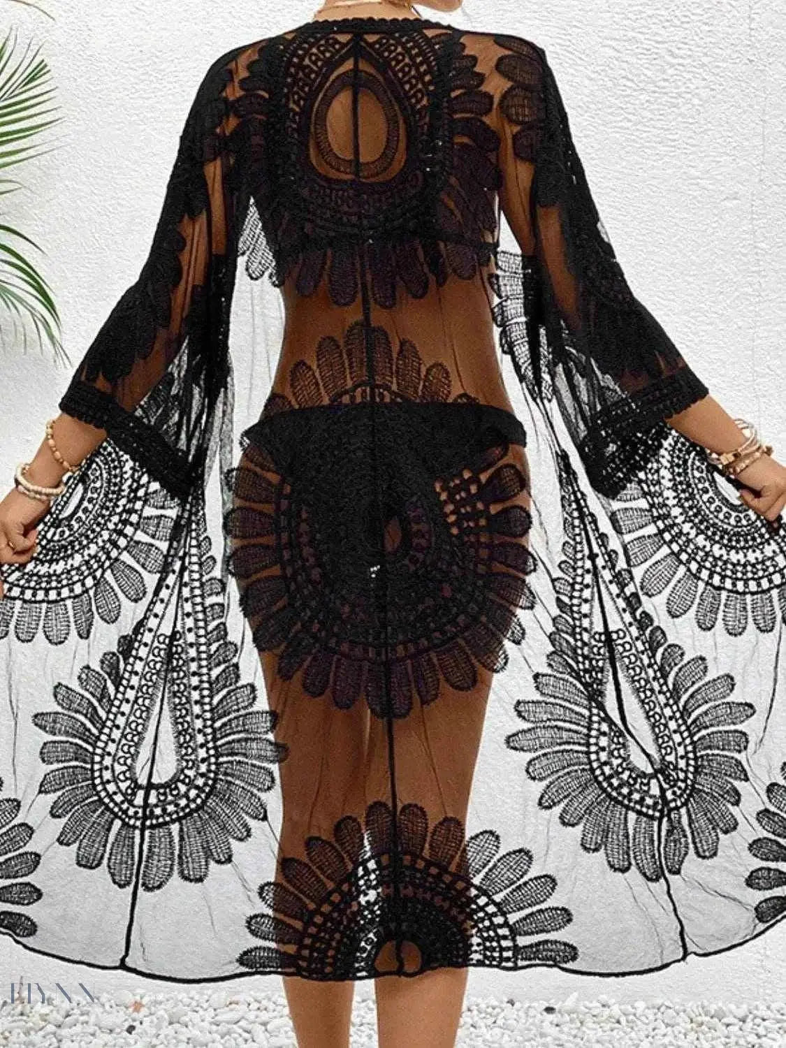 Lace Longline Cover Up Sheer Black Mesh - EBYNN