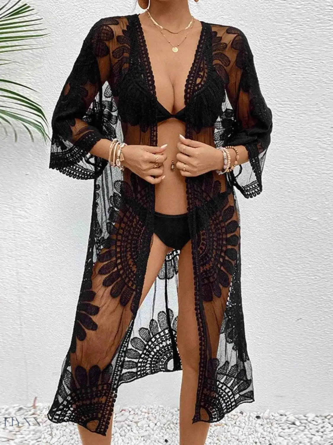 Lace Longline Cover Up Sheer Black Mesh - EBYNN