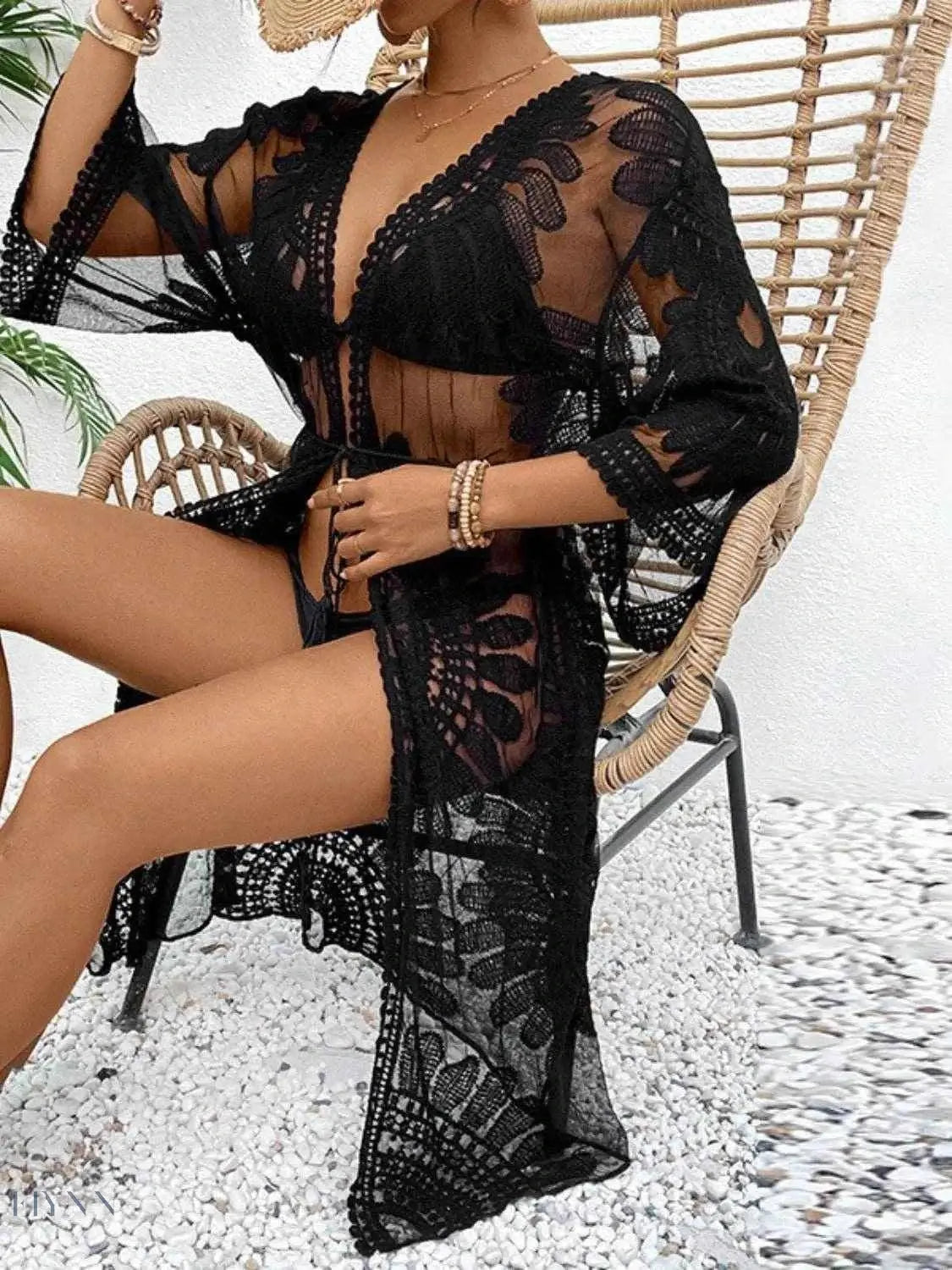 Lace Longline Cover Up Sheer Black Mesh - EBYNN