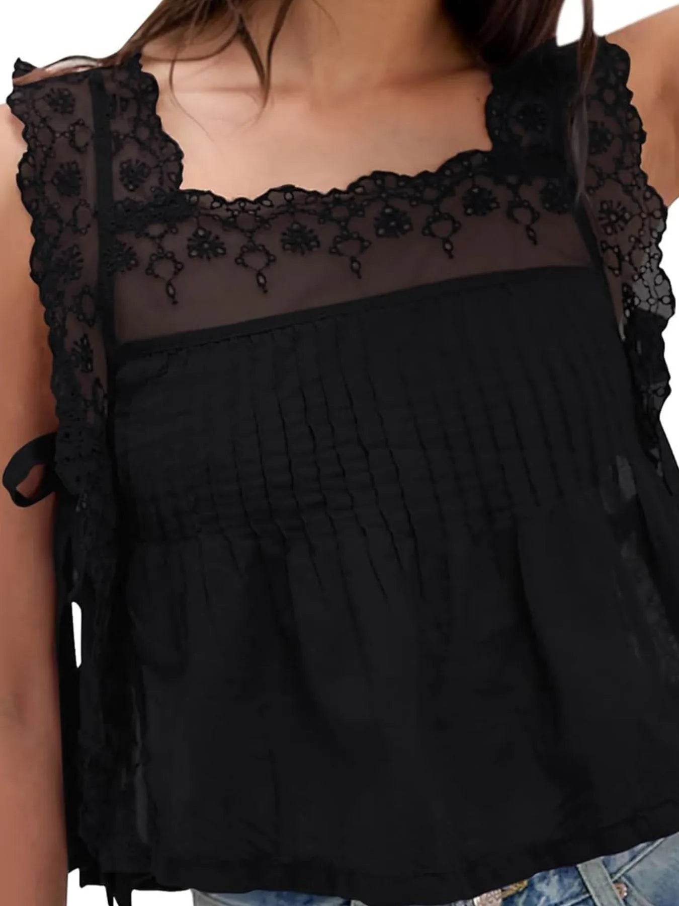 Lace-Trimmed Eyelet Top with Square Neck Design for Effortless Style - EBYNN