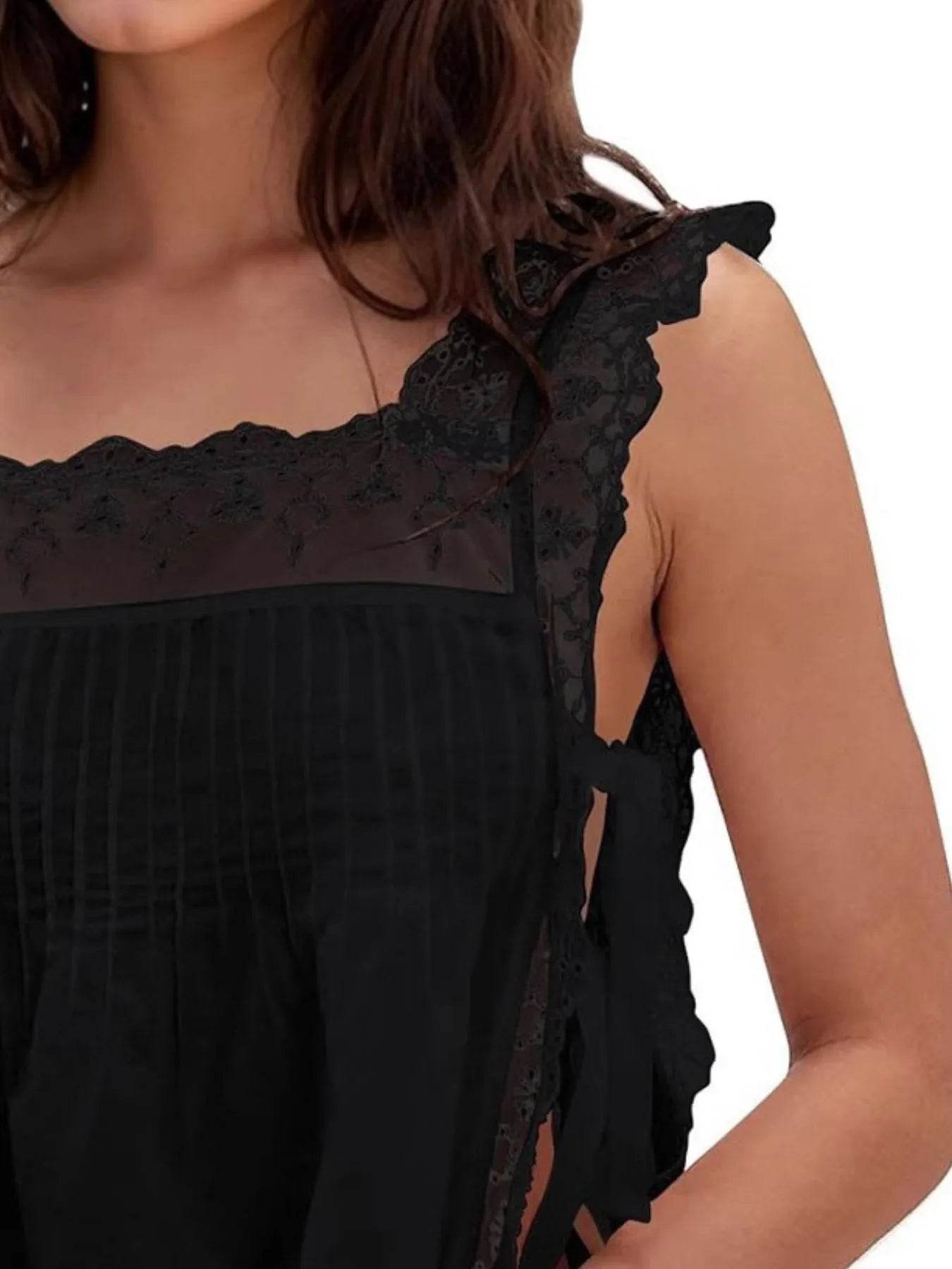 Lace-Trimmed Eyelet Top with Square Neck Design for Effortless Style - EBYNN