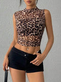 Leopard Crop Top - Sleeveless Mock Neck Style for Trendy Looks - EBYNN