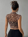 Leopard Crop Top - Sleeveless Mock Neck Style for Trendy Looks - EBYNN