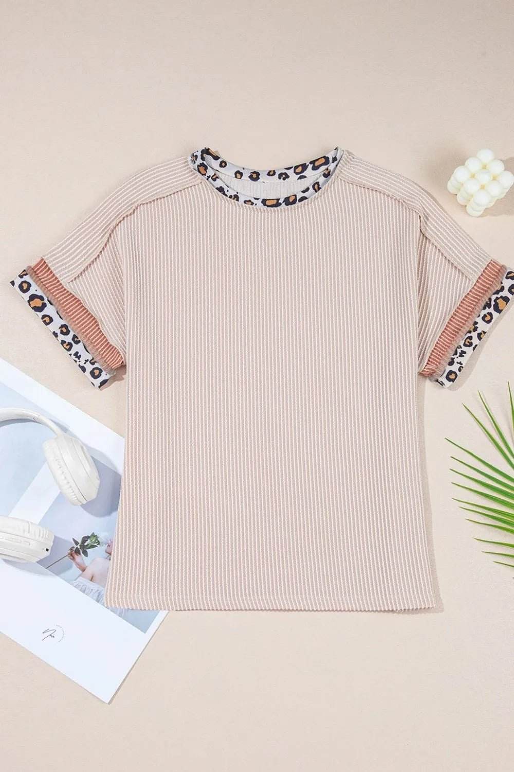 Leopard Trim Ribbed T-Shirt for Stylish Everyday Wear - EBYNN