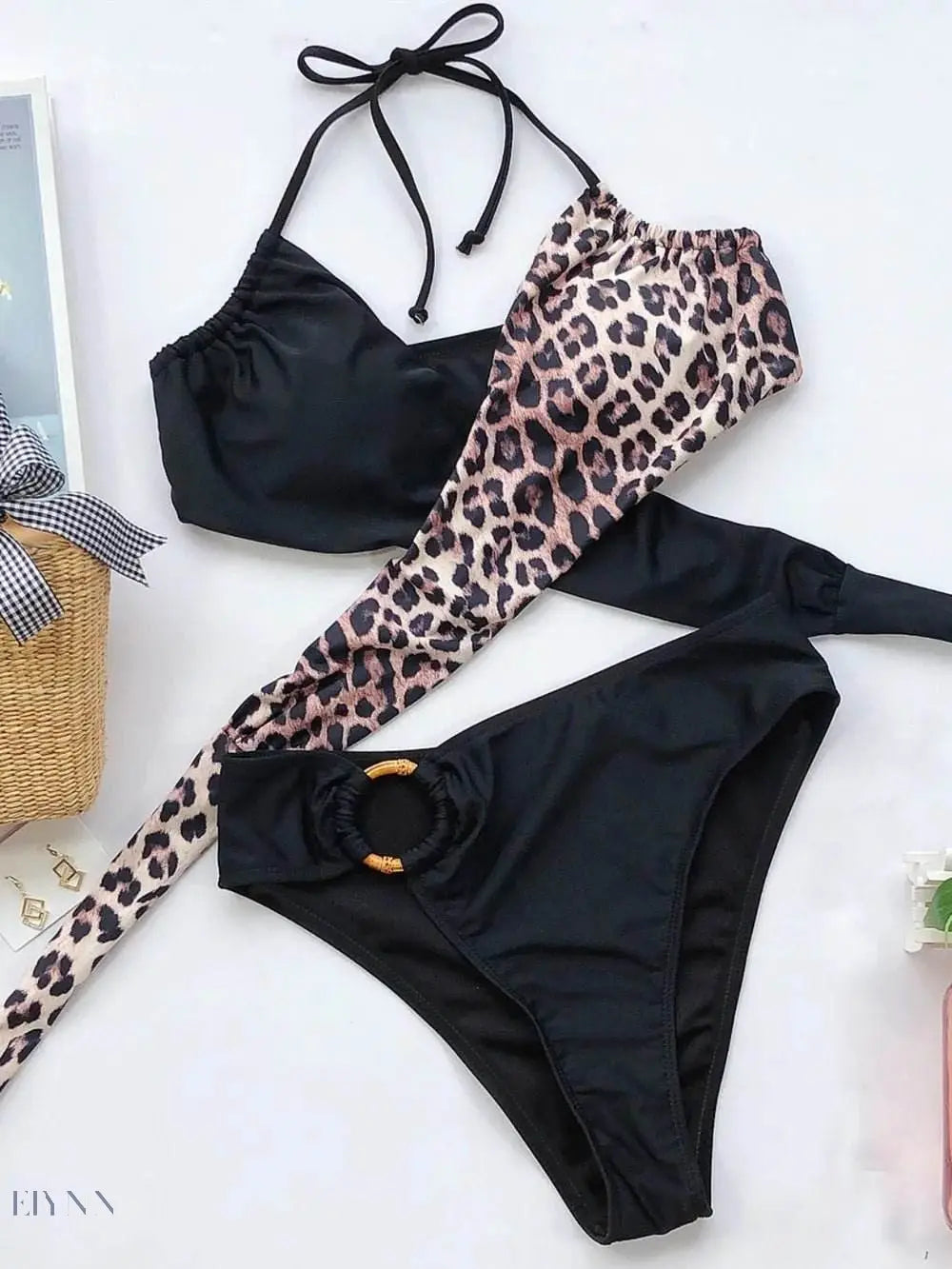 Trendsi luxury halter bikini for summer featuring leopard print and black color blocking