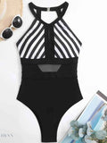 Mesh Detail One-Piece Swimsuit with Striped Design for Elegant Beach Style - EBYNN