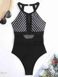 Mesh Detail One-Piece Swimsuit with Striped Design for Elegant Beach Style - EBYNN