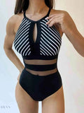 Mesh Detail One-Piece Swimsuit with Striped Design for Elegant Beach Style - EBYNN