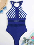 Mesh Detail One-Piece Swimsuit with Striped Design for Elegant Beach Style - EBYNN