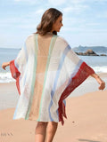 Openwork Beach Cover Up with Colorful Stripes - EBYNN