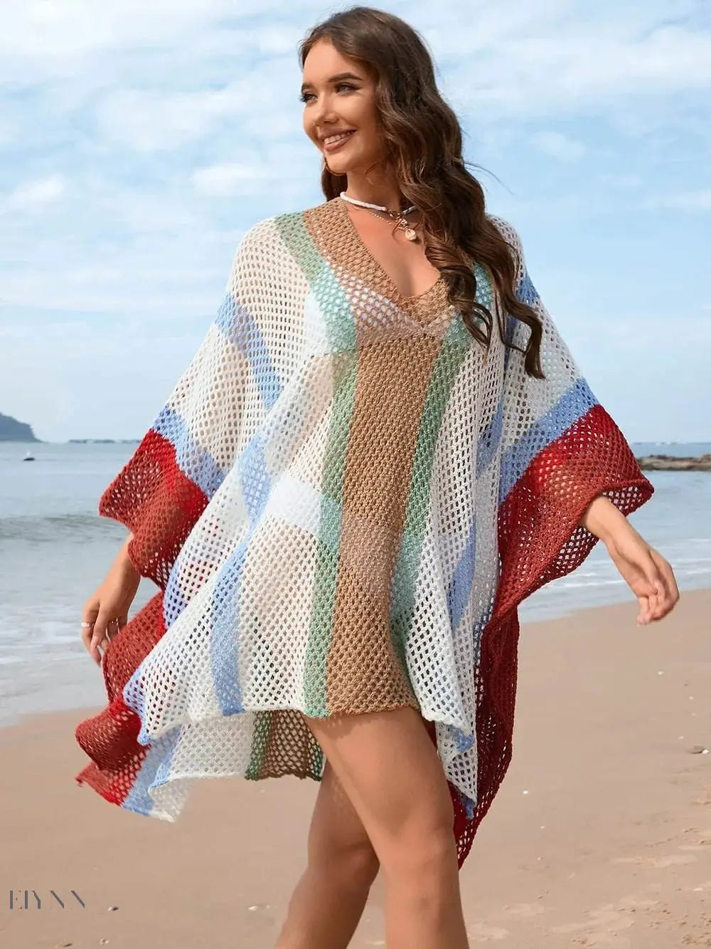 Openwork Beach Cover Up with Colorful Stripes - EBYNN