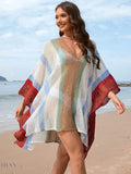 Openwork Beach Cover Up with Colorful Stripes - EBYNN
