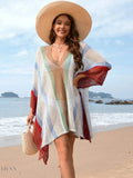 Openwork Beach Cover Up with Colorful Stripes - EBYNN