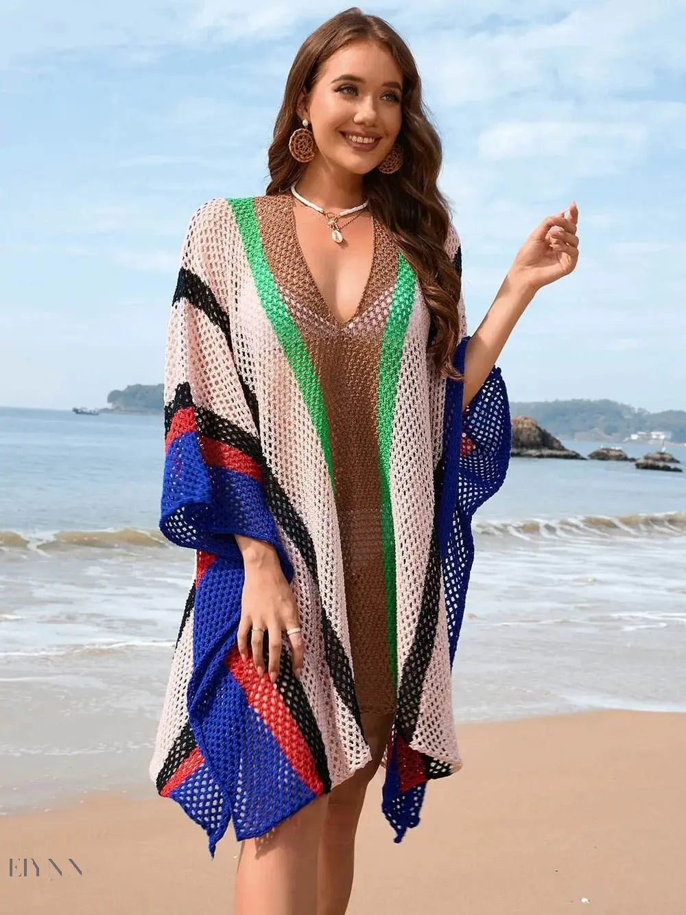 Openwork Beach Cover Up with Colorful Stripes - EBYNN