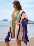 Openwork Beach Cover Up with Colorful Stripes - EBYNN