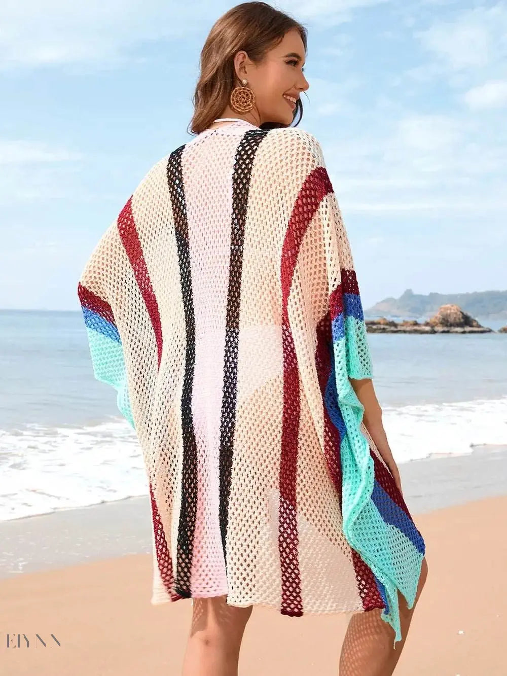 Openwork Beach Cover Up with Colorful Stripes - EBYNN