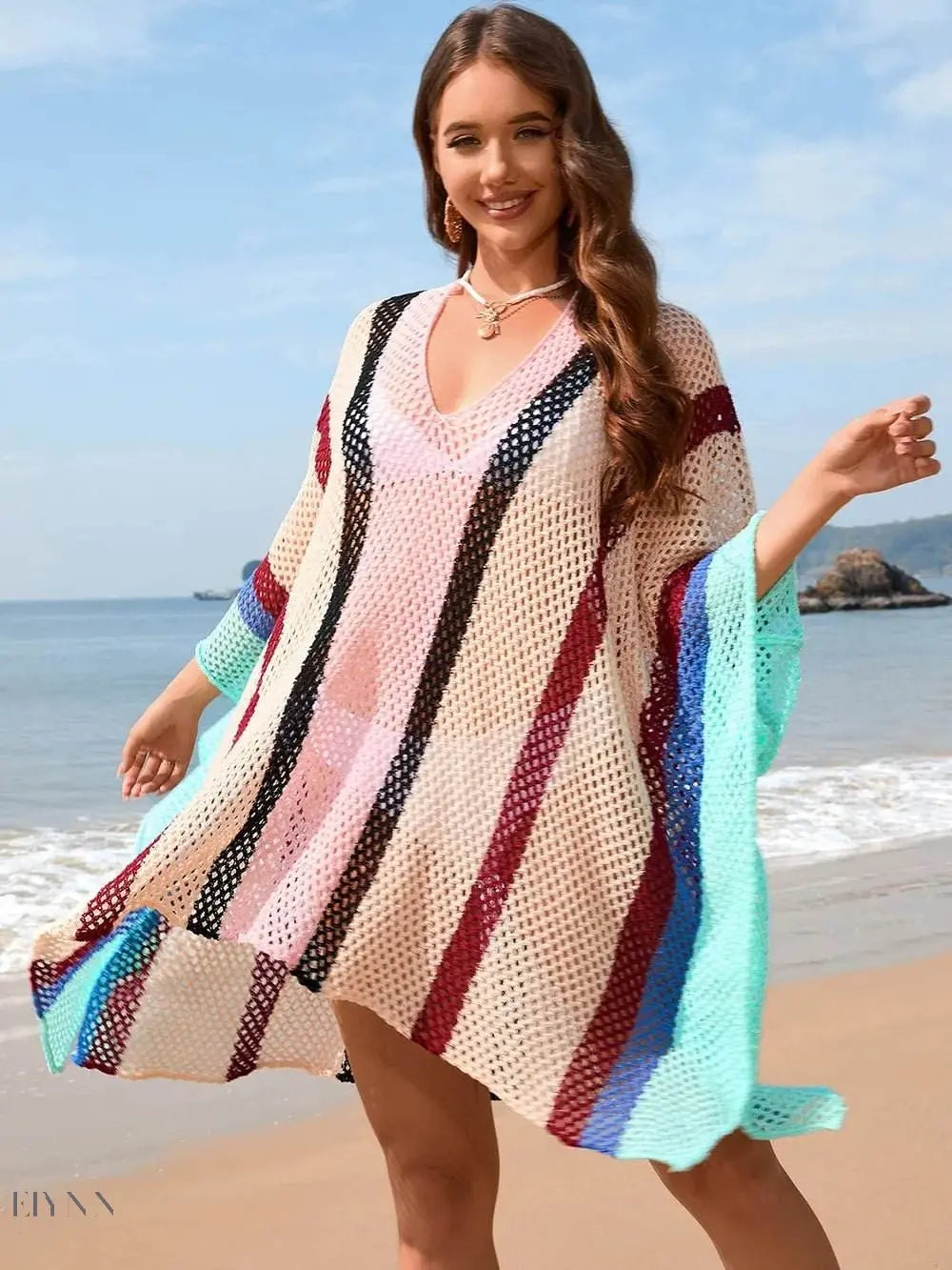 Openwork Beach Cover Up with Colorful Stripes - EBYNN