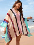 Openwork Beach Cover Up with Colorful Stripes - EBYNN