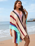 Openwork Beach Cover Up with Colorful Stripes - EBYNN