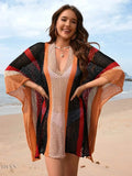 Openwork Beach Cover Up with Colorful Stripes - EBYNN