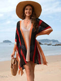 Openwork Beach Cover Up with Colorful Stripes - EBYNN