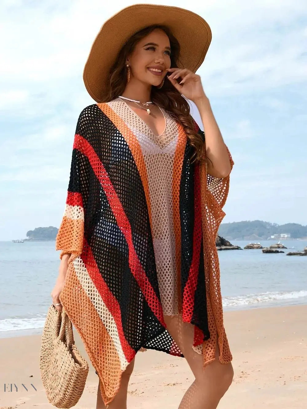 Openwork Beach Cover Up with Colorful Stripes - EBYNN