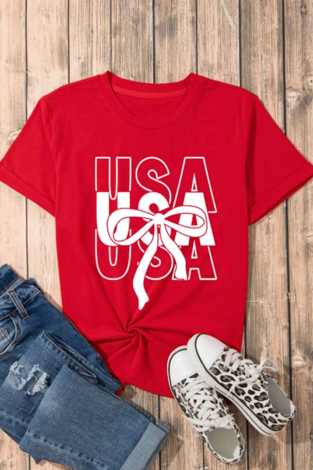 Patriotic USA T-Shirt with Bow Graphic Design - EBYNN