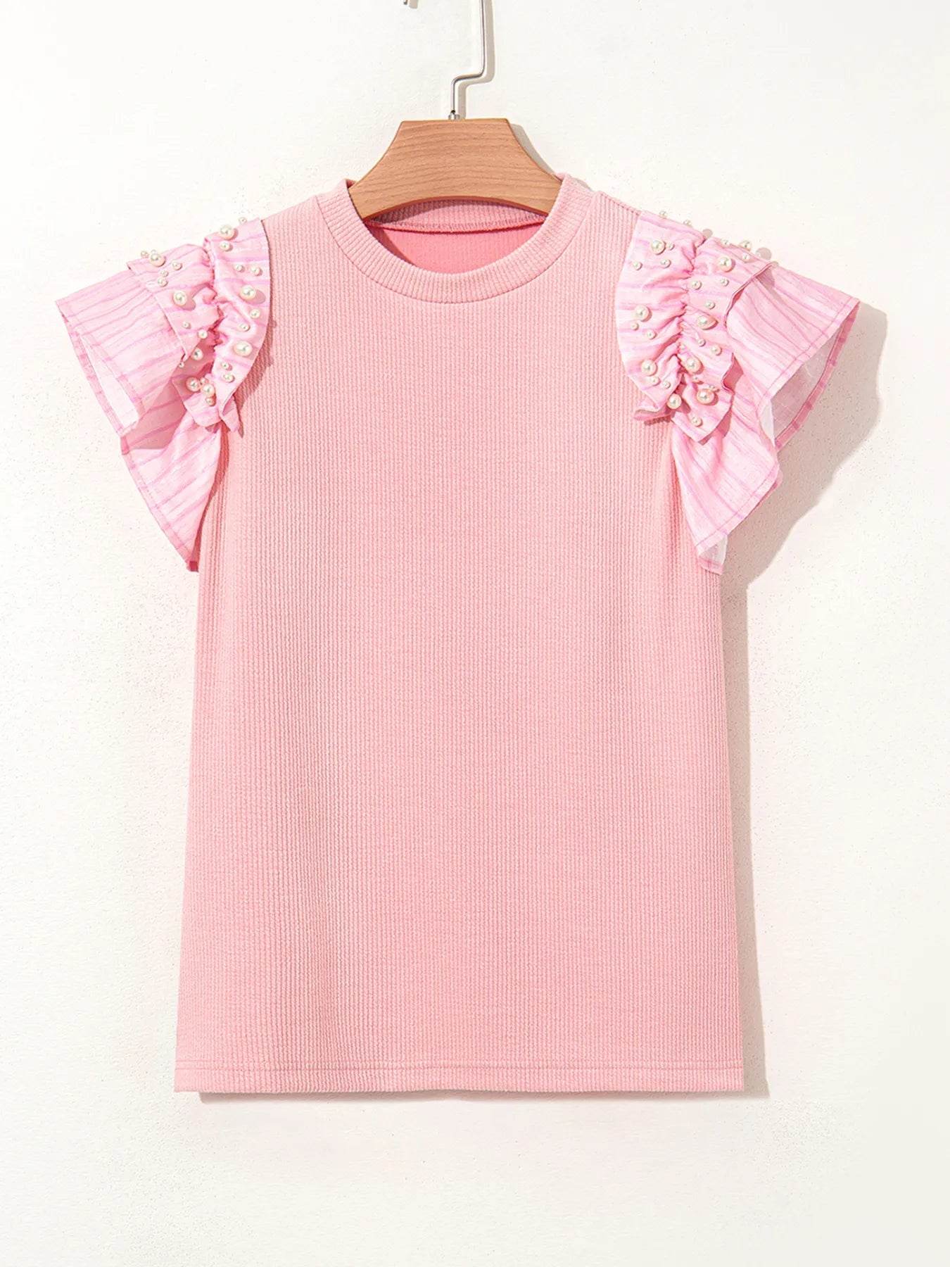 Pearl Ruffle Sleeve Blouse with Chic Embellishments - EBYNN