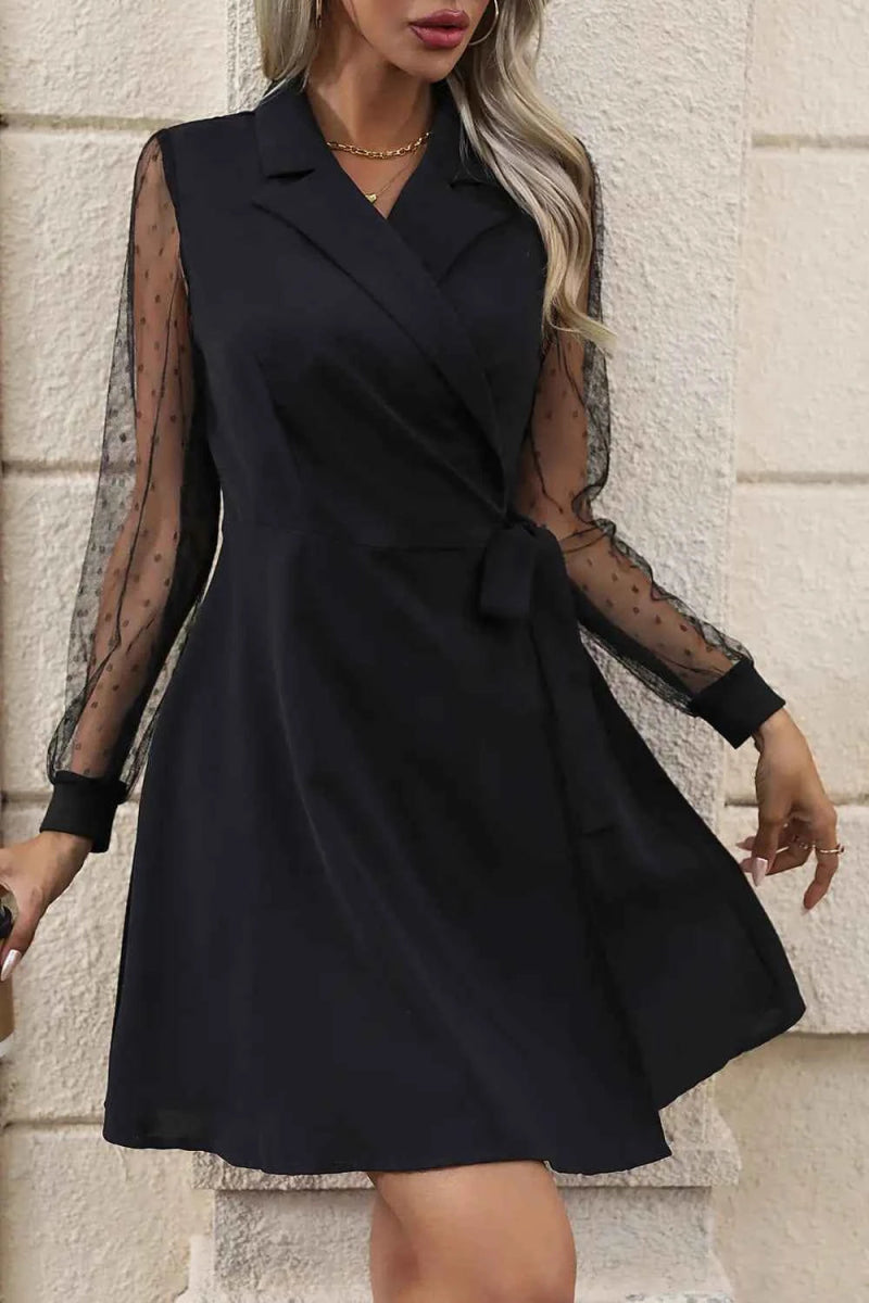 Perfee Mesh Long Sleeve Dress with Lapel Collar.