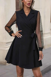 Perfee Mesh Long Sleeve Dress with Lapel Collar.