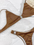 Trendy brown plunge spaghetti strap bikini set with stylish ring accents for summer beachwear