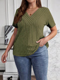 Plus Size V-Neck T-Shirt - Stylish Ribbed Short Sleeve Comfort for Every Body - EBYNN