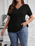 Plus Size V-Neck T-Shirt - Stylish Ribbed Short Sleeve Comfort for Every Body - EBYNN