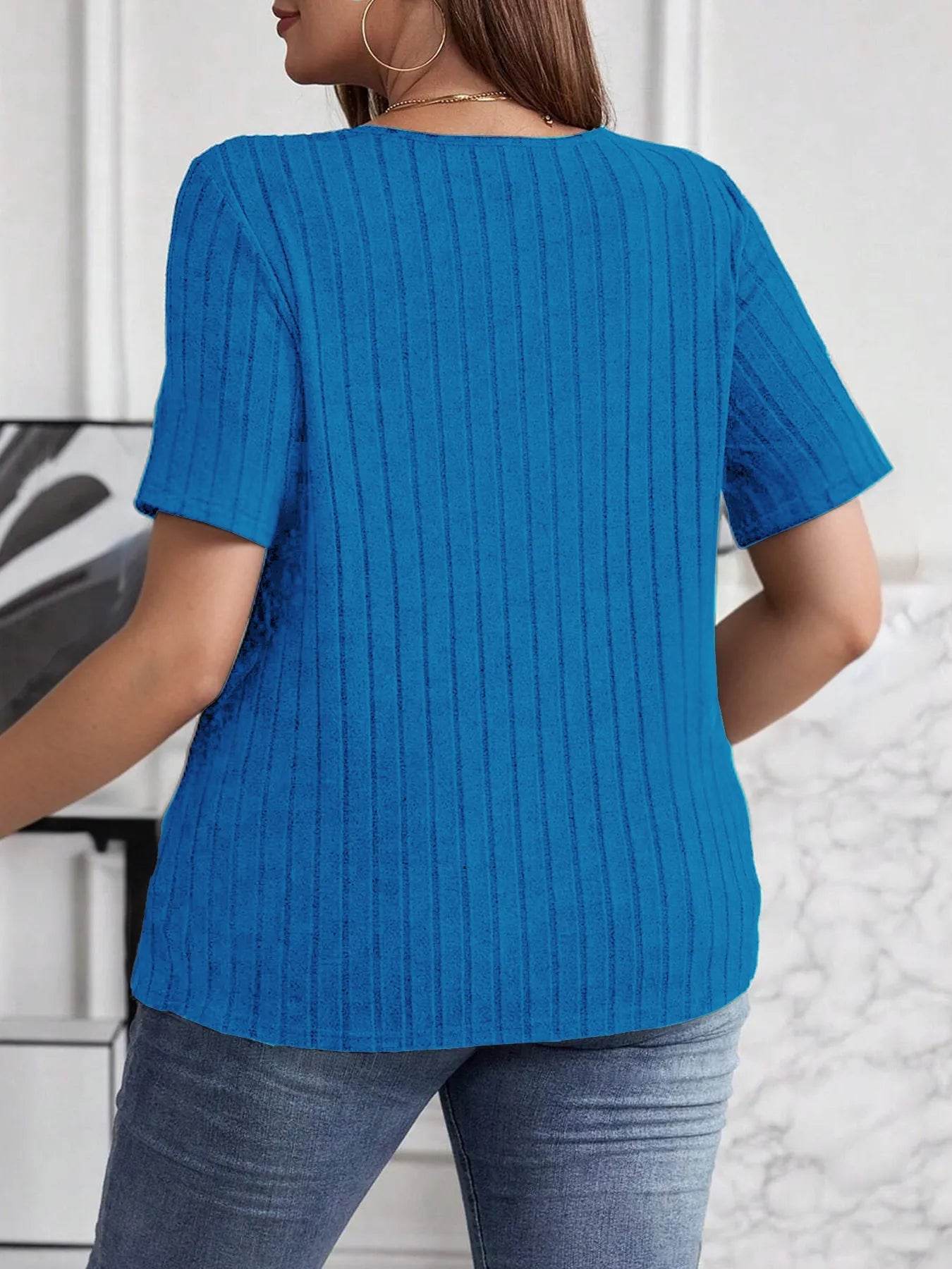 Plus Size V-Neck T-Shirt - Stylish Ribbed Short Sleeve Comfort for Every Body - EBYNN