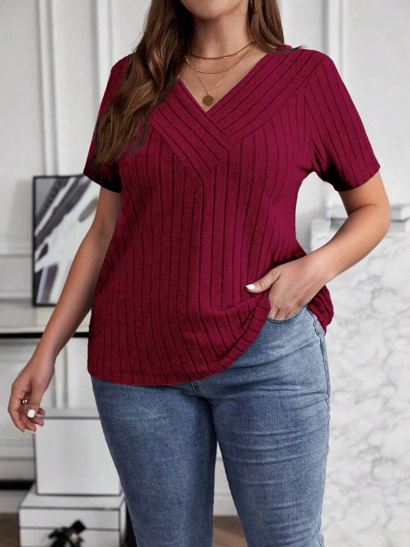 Plus Size V-Neck T-Shirt - Stylish Ribbed Short Sleeve Comfort for Every Body - EBYNN