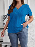 Plus Size V-Neck T-Shirt - Stylish Ribbed Short Sleeve Comfort for Every Body - EBYNN