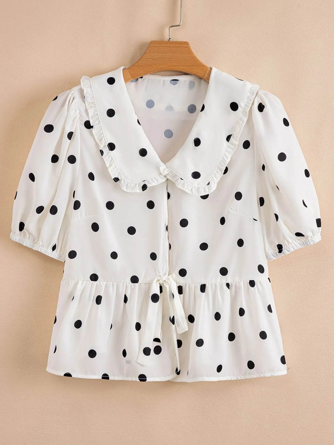 Polka Dot Peplum Top with Collared Puff Sleeves - EBYNN