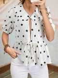 Polka Dot Peplum Top with Collared Puff Sleeves - EBYNN