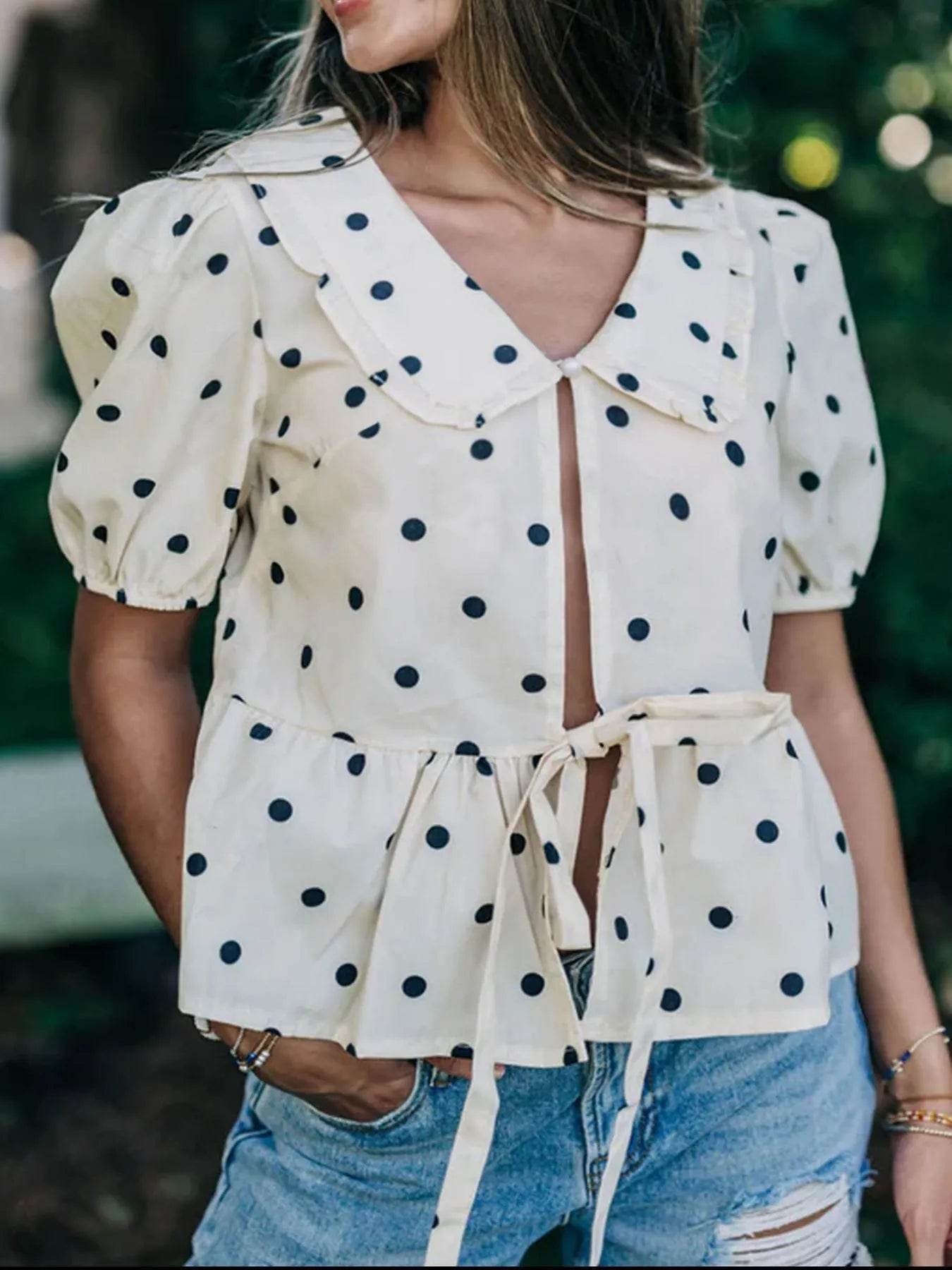 Polka Dot Peplum Top with Collared Puff Sleeves - EBYNN